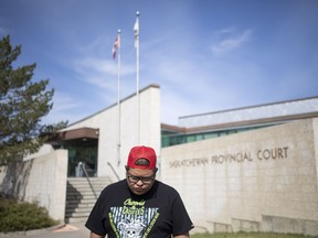 Brett Herman, half brother of the deceased Braden Herman, speaks to the media outside the Saskatchewan Provincial Courthouse in Prince Albert, Sask., on Tuesday, May 13, 2021. Corporal Bernie Herman, a 32-year member of the RCMP, is accused of killing 26-year-old Braden Herman.