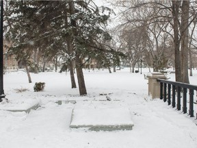 The pedestal that has long held a statue of John A. Macdonald now sits empty in Victoria Park in Regina, Saskatchewan on April 13, 2021. The statue has been removed, in keeping with a decision made by Regina's city council on March 31. BRANDON HARDER/ Regina Leader-Post