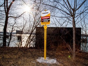 A signpost marks the presence of Enbridge's Line 5 pipeline, which Michigan Governor Gretchen Whitmer ordered shut down in May 2021, in Sarnia, Ont.