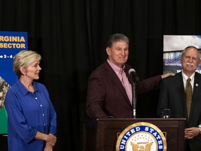 U.S. Sen. Joe Manchin (D-WV) speaks at a news conference attended by U.S. Energy Secretary Jennifer M. Granholm and U.S. Rep. David B. McKinley (R-WV) at the Marriott Hotel at Waterfront Place June 3, 2021 in Morgantown, West Virginia.