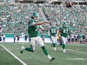 Saskatchewan Roughriders quarterback Cody Fajardo passes the ball during a game against the Montreal Alouettes at Mosaic Stadium. BRANDON HARDER/ Regina Leader-Post