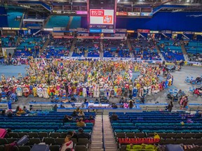 Dancers dressed in traditional costume decorate the FSIN 2019 Cultural Celebration and Pow Wow at Sasktel Centre on Nov. 2, 2019 in Saskatoon, SK.