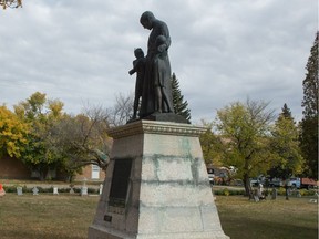 A statue of Father Joseph Hugonard, who was the first principal of the Lebret Indian Industria Residential School in Lebret, Saskatchewan. The statue sat on the school grounds until it was moved to the Sacred Heart Catholic cemetery.
