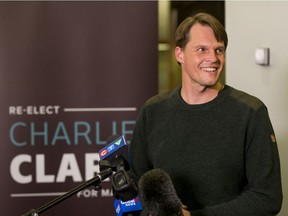 Mayor Charlie Clark speaks with media after being declared the winner of the municipal election in Saskatoon, SK on Friday, November 13, 2020.