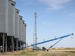 A cell tower near some grain bins and auger east of Regina on May 4, 2021.