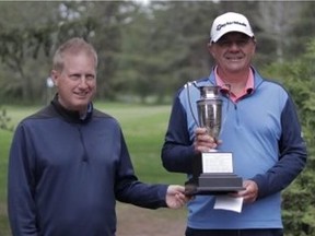 Scotia Wealth Northeast Open organizer Dean Prosky presents trophy to 2021 champion Philip Jonas at the Evergreen Golf Course in Nipawin.