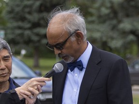 Dr. Francis Christian speaks at a press conference outside Walter Murray Collegiate for a group called Concerned Parents Saskatchewan to address their issues with students being vaccinated in Saskatoon, Thursday, June, 17, 2021. Kayle Neis/Saskatoon StarPhoenix