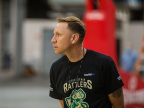 SASKATOON, SK--JUNE 22/2021 - 0626 Sports Rattlers - Head coach Chad Jacobson watches the play at the Saskatchewan Rattlers' CEBL training camp. Photo taken in Saskatoon, SK on Tuesday, June 22, 2021.