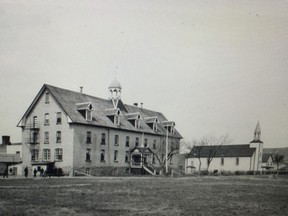 The Marieval Indian Residential School ran from 1899 to 1997, on what would eventually be recognized as the Cowessess First Nation, in Saskatchewan. For much of that time, the Roman Catholic Church operated the school. The Parish Church is seen in this 1934 photo. (Photo courtesy General collection of the Societe historique de Saint-Boniface)