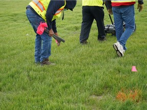 Using ground-penetrating radar, evidence of 751 unmarked graves have been located to date at the site of the former Marieval Residential School on what is now Cowessess First Nation land. A flag was placed at the location of a grave. Photo provided by the Federation of Sovereign Indigenous Nations on June 24, 2021.
