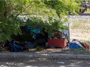 A homeless shelter is set up near CUMFI. Photo taken in Saskatoon on June 29, 2021.