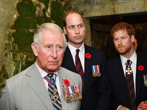 Prince Charles, Prince of Wales, Prince William, Duke of Cambridge and Prince Harry visit the tunnel and trenches at Vimy Memorial Park during the commemorations for the centenary of the Battle of Vimy Ridge on April 9, 2017 in Vimy, France.