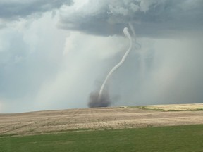 A photo of a funnel cloud reportedly spotted in southwest Saskatchewan on June 15, 2021. A tornado warning in the area was lifted by 7:30 p.m. that evening.