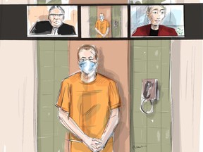 In this artist's sketch, Nathaniel Veltman makes a video court appearance in London, Ont., on Thursday, June 10, 2021, as Justice of the Peace Robert Seneshen (top left) and lawyer Alayna Jay look on.
