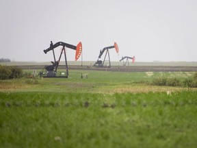 Pump jacks feed a pipeline in the Bakken Oil Field near Weyburn, Saskatchewan on Wednesday, June 11, 2008.