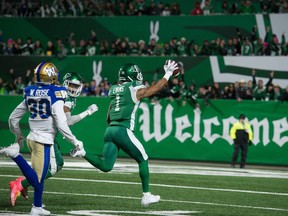 The Saskatchewan Roughriders are expecting another big year from receiver Shaq Evans, 1, who is shown en route to the end zone against the Winnipeg Blue Bombers in 2019.