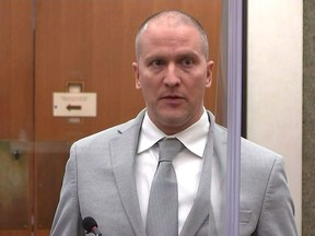 Former Minneapolis police officer Derek Chauvin addresses his sentencing hearing and the judge as he awaits his sentence after being convicted of murder in the death of George Floyd in Minneapolis, Minnesota, U.S. June 25, 2021 in a still image from video.