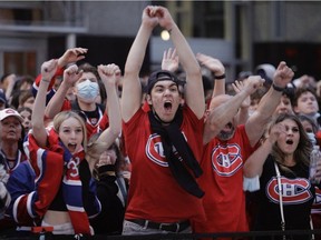 Canadiens fans celebrate first-period goal by Josh Anderson outside the Bell Centre during Game 4 of the Stanley Cup final on Monday night.