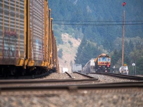 Rail cars in the Fraser River Valley south of Lytton, B.C., on Saturday, July 3, 2021.