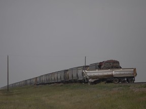 RCMP and fire crews respond to a collision between a train and a semi truck on Highway 16 outside Springside, Thursday, July, 22, 2021. Kayle Neis/Saskatoon StarPhoenix