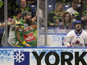 Dan Lintner, shown here in the penalty box while playing for the Toronto Rock and getting an earful from a Saskatchewan Rush fan at Sasktel Centre, is now the newest member of the Rush following a National Lacrosse League trade Wednesday.