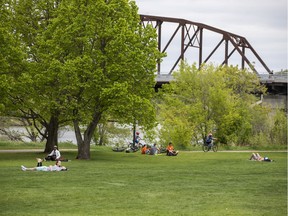 People enjoy Rotary Park in Saskatoon, SK on Saturday, May 30, 2020.