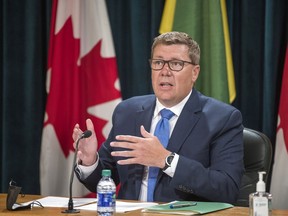 Saskatchewan premier Scott Premier Scott Moe provides a COVID-19 update on Wednesday, July 7, 2021 in Regina -- the last dedicated COVID-19 news conference prior to restrictions lifting four days later.