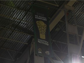 Saskatchewan Rattlers watch the unveiling of the 2019 Canadian Elite Basketball League Championship banner at SaskTel Centre now that COVID-19 health restrictions have eased. Photo taken in Saskatoon on July 12, 2021.