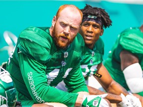 Micah Teitz (left) has to be cautious in terms of the sun during the current heat wave. Photo courtesy Saskatchewan Roughriders.