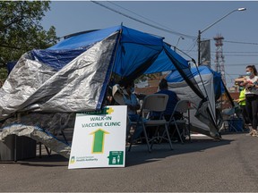 A COVID-19 pop-up vaccination clinic is set up at the 7th annual Food Truck wars street festival which started today. It is located on 4th avenue and 22nd street and will run until July 24 from 11 a.m. to 7 p.m. Photo taken in Saskatoon, Sask. on Thursday, July 22, 2021.