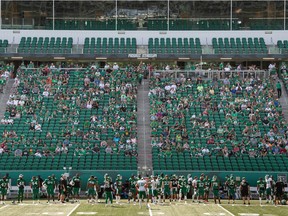 Fans attend the Green and White scrimmage put on by the Roughriders at Mosaic Stadium.