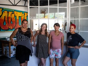 Chokecherry Studios team Betty Pewapsconias, Andrea Cessna, Kiyari McNab and Tristin Greyeyes (left to right) hosted a pop-up COVID-19 vaccine clinic for youth in Saskatoon's core neighbourhoods on Tuesday, July 27, 2021. Photo taken in Saskatoon, SK on Wednesday, July 28, 2021.