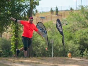 Daniel Prange tees off at the Escape Sports Open Powered by Innova disc golf tournament, which ran in Diefenbaker Park in Saskatoon July 24-25, 2021.