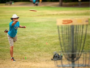 Colin Lee takes a shot during the Escape Sports Open Powered by Innova disc golf tournament, which ran in Diefenbaker Park in Saskatoon July 24-25, 2021.