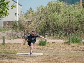 Jeremy LeBlanc tees off at the Escape Sports Open Powered by Innova disc golf tournament, which ran in Diefenbaker Park in Saskatoon July 24-25, 2021.