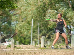 Jeri-Ann Brownbridge tees off at the Escape Sports Open Powered by Innova disc golf tournament, which ran in Diefenbaker Park in Saskatoon July 24-25, 2021.