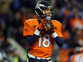 Denver Broncos quarterback Peyton Manning is shown during the 2015 NFL playoffs. At the time, offensive tackle Cameron Jefferson — now a member of the Saskatchewan Roughriders — was on the Broncos' practice roster.