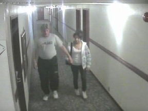 Bradley Barton and Cindy Gladue are shown on surveillance video at the Yellowhead Inn on the first of two nights the pair spent together.