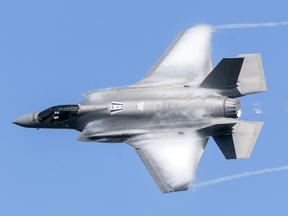 A U.S. Airforce F-35 Lightning during a practice flight before an airshow in London, Ont, on September 11, 2020.