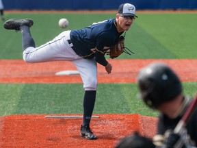 Garrett Hawkins of Biggar, Sask., seen here pitching in 2019 for the UBC Thunderbirds, was selected Monday by the San Diego Padres in the ninth round of the Major League Baseball draft.