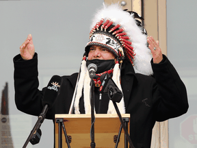 Manitoba Keewatinowi Okimakanak Grand Chief Garrison Settee speaks from the steps of the Manitoba Legislative building in Winnipeg last November.