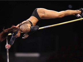 Canada's Anicka Newell competes during the women's pole vault at the Perche Elite Tour meeting in Rouen, western France on Saturday, Feb. 6, 2021.