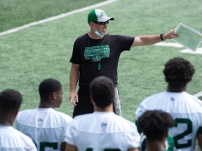A mask worn by Saskatchewan Roughriders head coach Craig Dickenson is among the many COVID-related protocols to which the team is adhering during training camp.