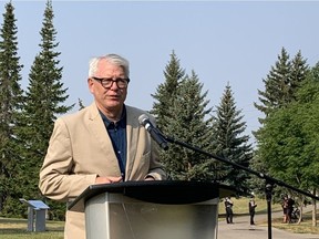 Parliamentary Secretary Adam Vaughan makes a housing announcement in Victoria Park in Saskatoon on Tuesday, July 27, 2021.