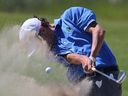 Kade Johnson, shown here in this file photo, shoots out of the bunker during the 2016 Saskatchewan Junior Men's Golf Championship at Legends Golf Club in Warman.