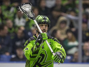 Transition/defender Jeremy Thompson shown here passing the ball for the Saskatchewan Rush against the Vancouver Warriors in NLL action at SaskTel Centre in Saskatoon on Saturday, March 7, 2020.(Saskatoon StarPhoenix/Liam Richards)