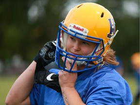 Emmarae Dale, a linebacker, is the first female football player to join the Saskatoon Hilltops' roster. Photo taken in Saskatoon, SK on Tuesday, September 15, 2020.