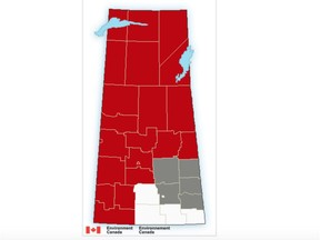 A screen grab of the public alert map on the Environment Canada website as of Aug. 1, 2021. The regions in red are under a warning.