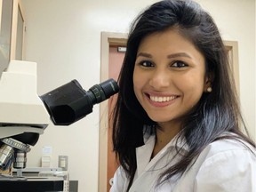 Vedashree Meher works in a University of Saskatchewan laboratory during the 2019-20 academic year as she completes her Master's thesis.