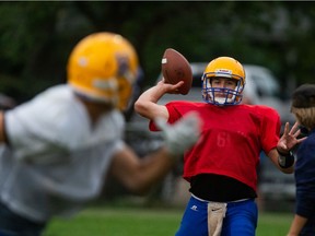 Saskatoon Hilltops quarterback Doug Fleming throws the football during practice in Saskatoon on Thursday, August 19, 2021.